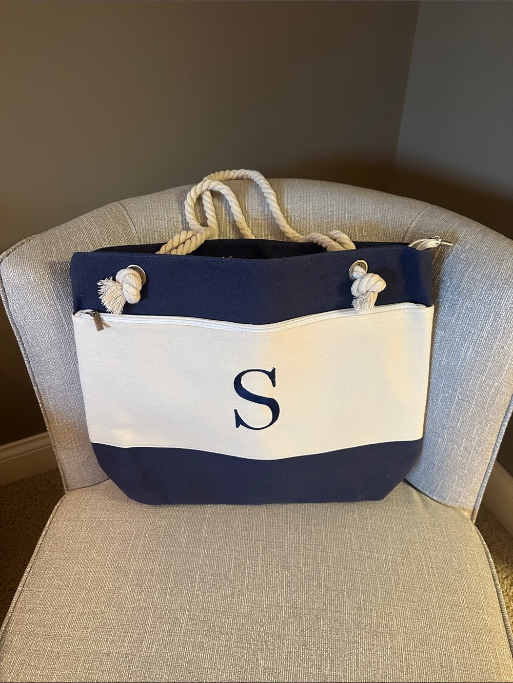 Navy and Cream Personalized Canvas Tote Bag - Initial S